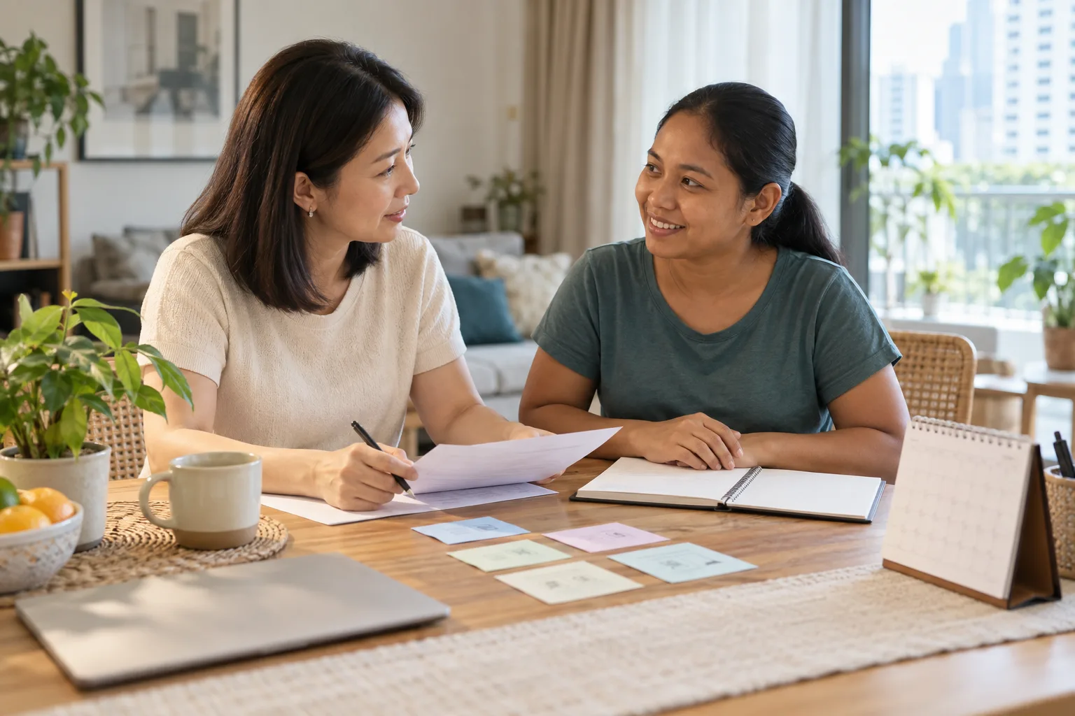 An employer and newly hired domestic helper reviewing a first-month onboarding plan